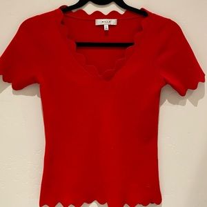 Milly Minis Red Scalloped knit V Neck top. Petite. 0-2
